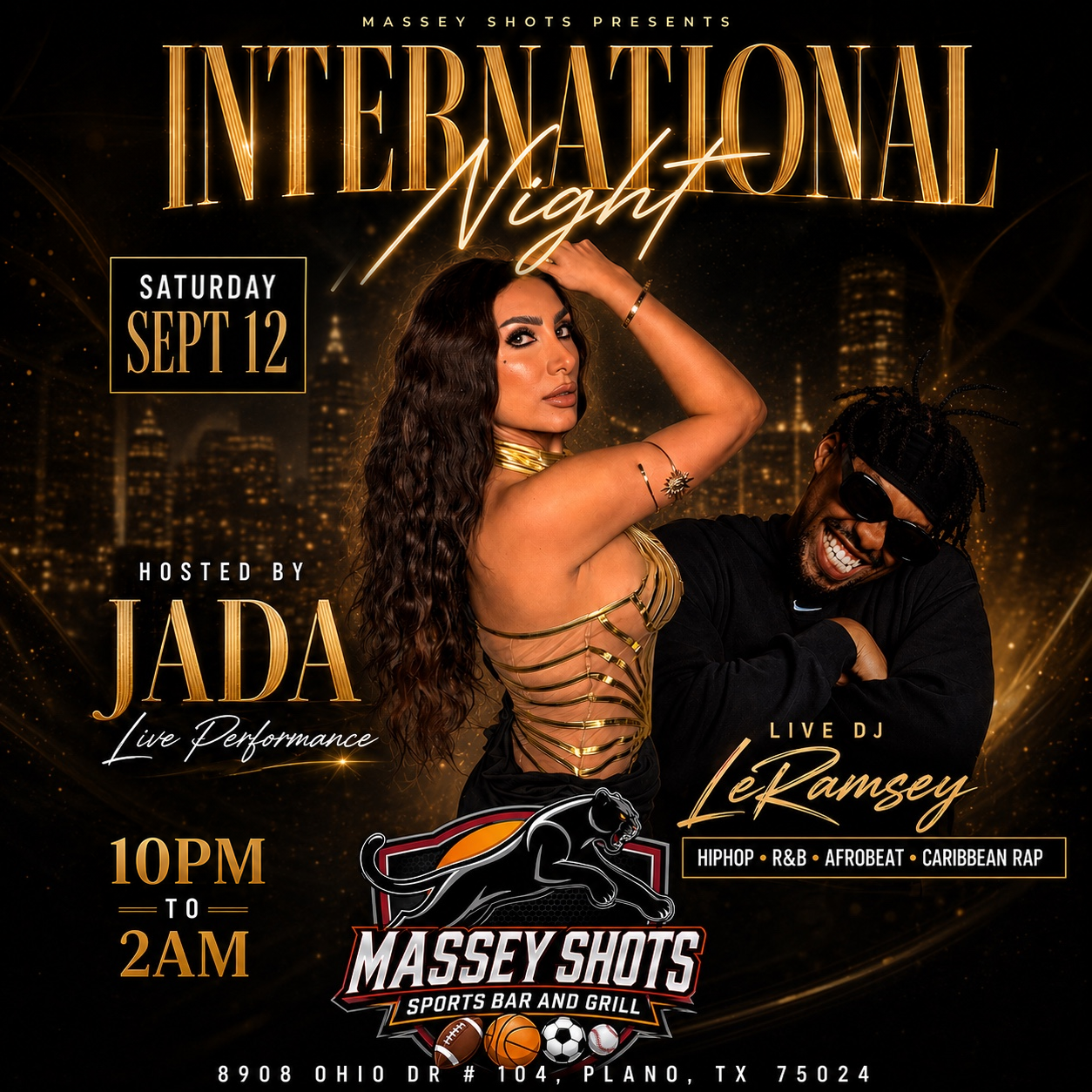 International Night event flyer — Saturday September 12, 2026, hosted by Jada Davino with live DJ LeRamsey at Massey Shots Sports Bar and Grill, Plano, Texas, 10 PM to 2 AM